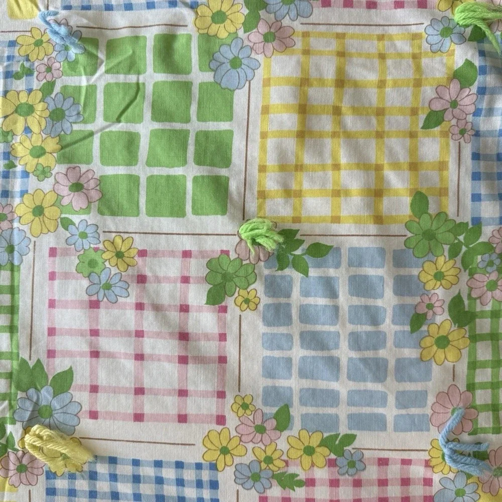 Vintage Quilt Blanket 65x45 Floral Gingham Patchwork Tied Pastel Nursery Retro